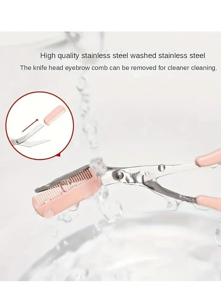 2Pc Premium Eyebrow Trimmer Scissors Set, Curved Eyebrow Razor Eyebrow Scissors With Comb Easy Brow Trimming Take It Anywhere For Beginners Pink Color