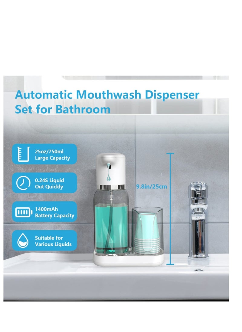 Automatic Mouthwash Dispenser for Bathroom, Mouthwash Dispenser Dispenser, 25oz/750ml Large Capacity Mouthwash Dispenser, with Infrared Sensor and Rechargable Pump, with 8 Paper Cups