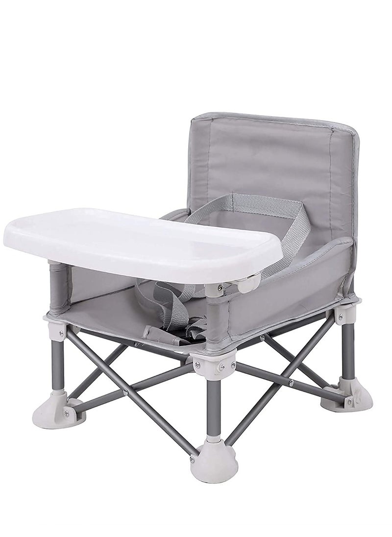 Portable Travel Booster Seat with Tray| Folding Baby Seat Booster High Chair for Dining Table| Compact Camping Chair for Lawn, Beach Indoor/Outdoor Use| Toddlers, Kids (Grey)