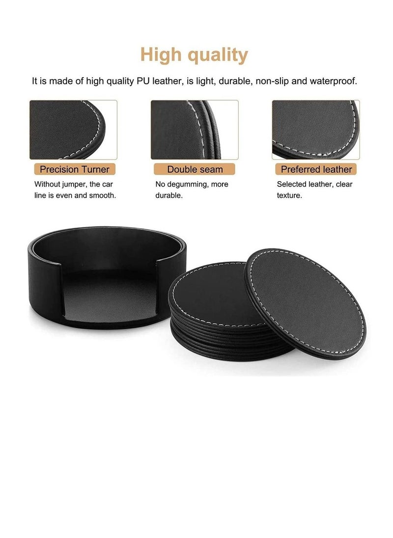 6Pcs PU Leather Coasters with Holder for Drinks Heat Resistance Mats Coffee Coaster Protect Furniture for Holding Cups Sports Bottles Black