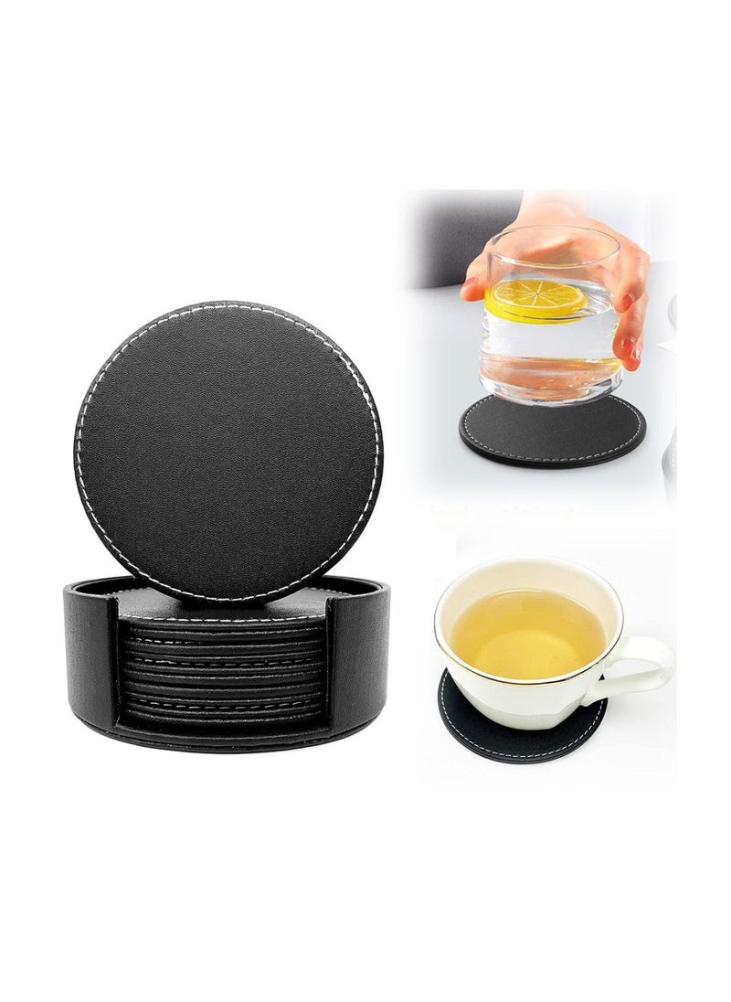 6Pcs PU Leather Coasters with Holder for Drinks Heat Resistance Mats Coffee Coaster Protect Furniture for Holding Cups Sports Bottles Black