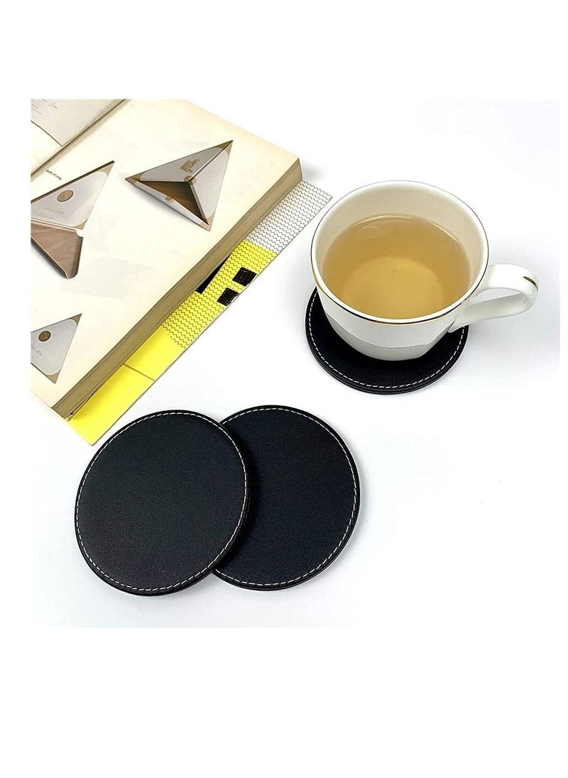 6Pcs PU Leather Coasters with Holder for Drinks Heat Resistance Mats Coffee Coaster Protect Furniture for Holding Cups Sports Bottles Black