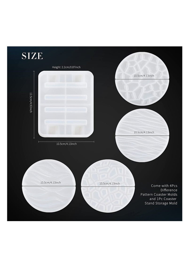 Coaster Resin Mould, 4Pcs Different Pattern Coaster Moulds with 1Pc Coaster Stand Storage Moulds, Silicone Moulds for Epoxy Resin Casting Coasters Home Decoration