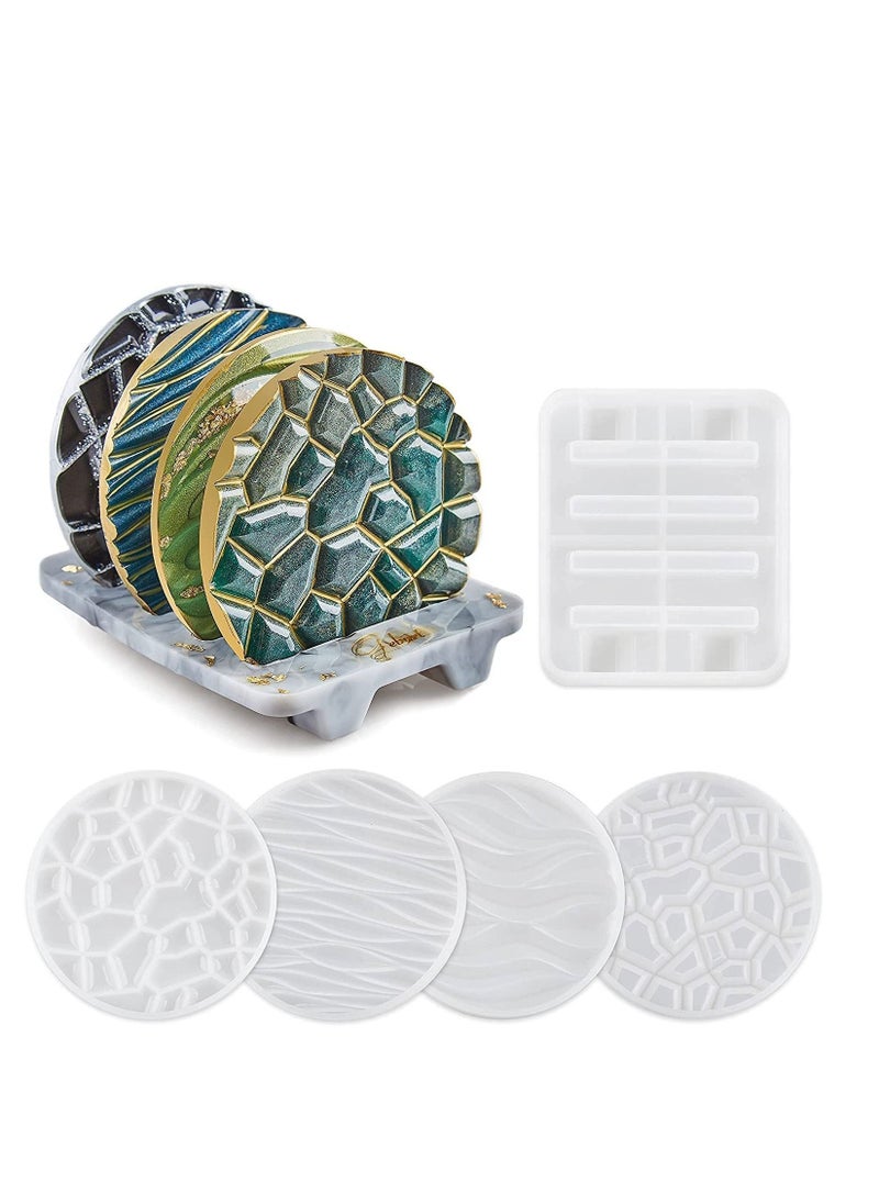 Coaster Resin Mould, 4Pcs Different Pattern Coaster Moulds with 1Pc Coaster Stand Storage Moulds, Silicone Moulds for Epoxy Resin Casting Coasters Home Decoration