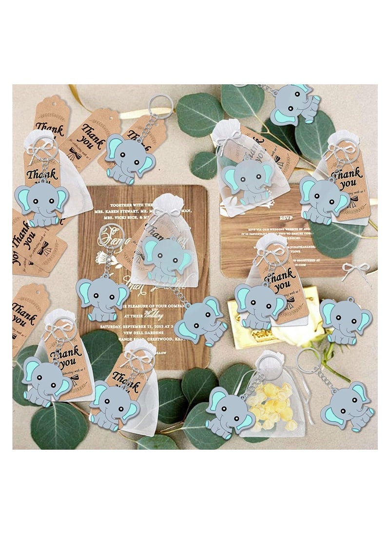 Baby Shower Guest Gift, 20 Sets of Blue Baby Elephant Keychains 20 Organza Bags 20 Thank You Tags, Ideas Presents Party Favors Boy Girl Kid Birthday Party Supply, Baby Birthday Party Keepsakes