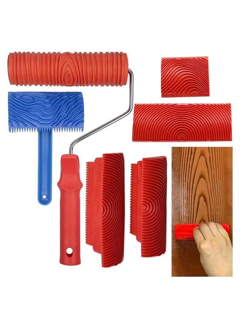 Paint Roller Set, Wood Graining Tool Set, 6pcs Wood Grain Roller Painting Tool with Handle DIY Rubber Graining Tool for DIY Wall Art and Decoration