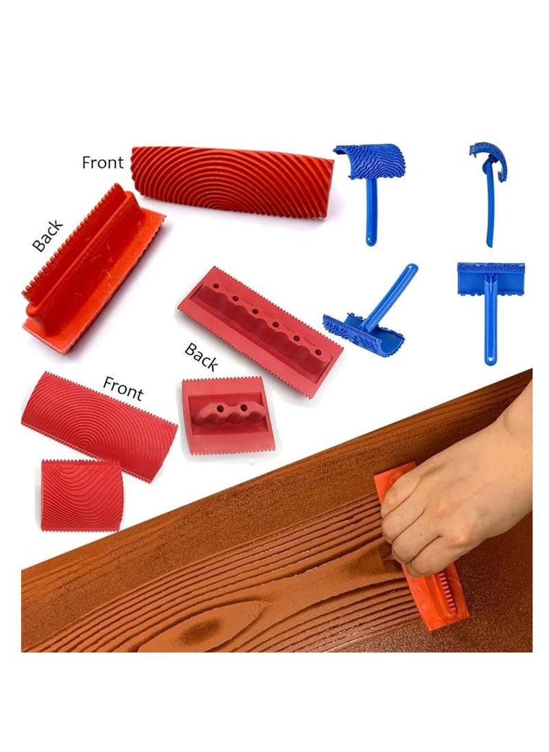 Paint Roller Set, Wood Graining Tool Set, 6pcs Wood Grain Roller Painting Tool with Handle DIY Rubber Graining Tool for DIY Wall Art and Decoration