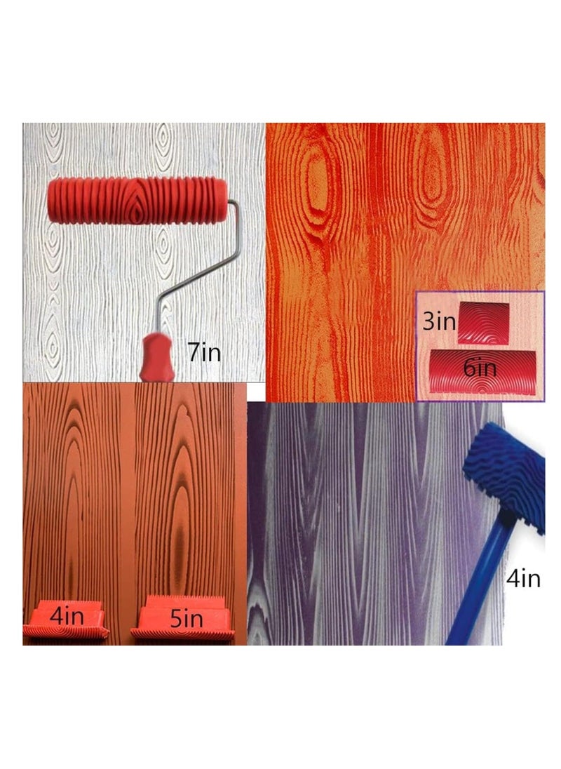 Paint Roller Set, Wood Graining Tool Set, 6pcs Wood Grain Roller Painting Tool with Handle DIY Rubber Graining Tool for DIY Wall Art and Decoration