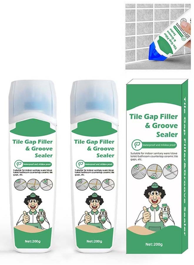 Tile Grout Paint Tile Repair Kit 2 Pcs: Upgraded Grout Filler& Tile Sealer- Grout Restorer for Gaps Cracks- Waterproof Tile Gap Refill Agent for Floor Wall Countertop of Bathroom Kitchen, 200g