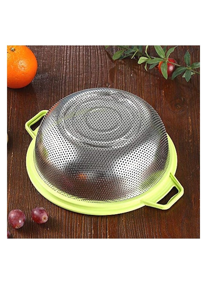 Stainless Steel Colander With Handle and Legs, Large Metal Green Strainer for Pasta, Spaghetti, Berry, Veggies, Fruits, Noodles, Salads, 5-quart 10.5” Kitchen Mesh Colander