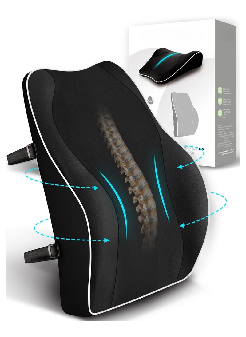 Ergonomic Lumbar Support Cushion, Memory Foam Back Support for Car Seat Office Chair Gaming Chair, Backrest with Skin-friendly Cover & Dual Adjustable Straps, Black