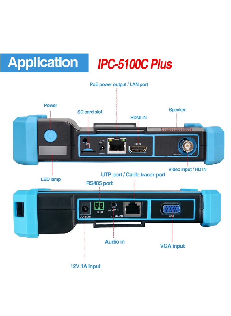 8MP IP Camera Tester with Cable Tracer, IPC-5100C Plus AHD CVI TVI CVBS IP Camera Test 4K HD Display Video Monitor 5inch IPS Touch Screen IPC Tester Support POE PTZ WiFi RS485 HDMI & VGA