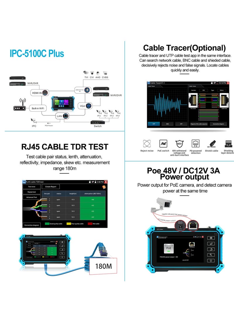 8MP IP Camera Tester with Cable Tracer, IPC-5100C Plus AHD CVI TVI CVBS IP Camera Test 4K HD Display Video Monitor 5inch IPS Touch Screen IPC Tester Support POE PTZ WiFi RS485 HDMI & VGA