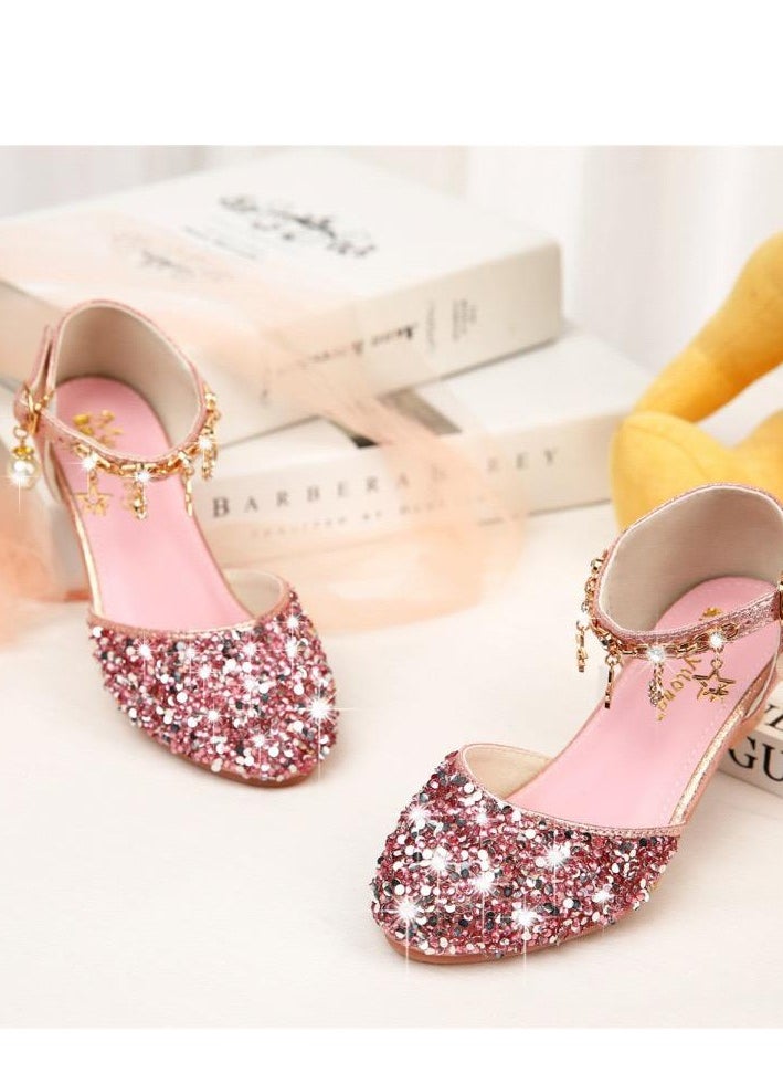 Children High Heel Princess Kids Leather Shoes Summer New Girls Sandals Flower Casual Glitter Crystal Student Party Banquet Shoe