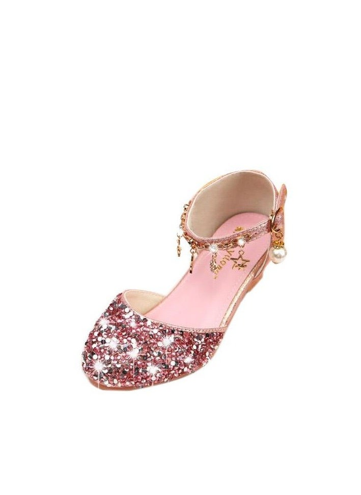 Children High Heel Princess Kids Leather Shoes Summer New Girls Sandals Flower Casual Glitter Crystal Student Party Banquet Shoe