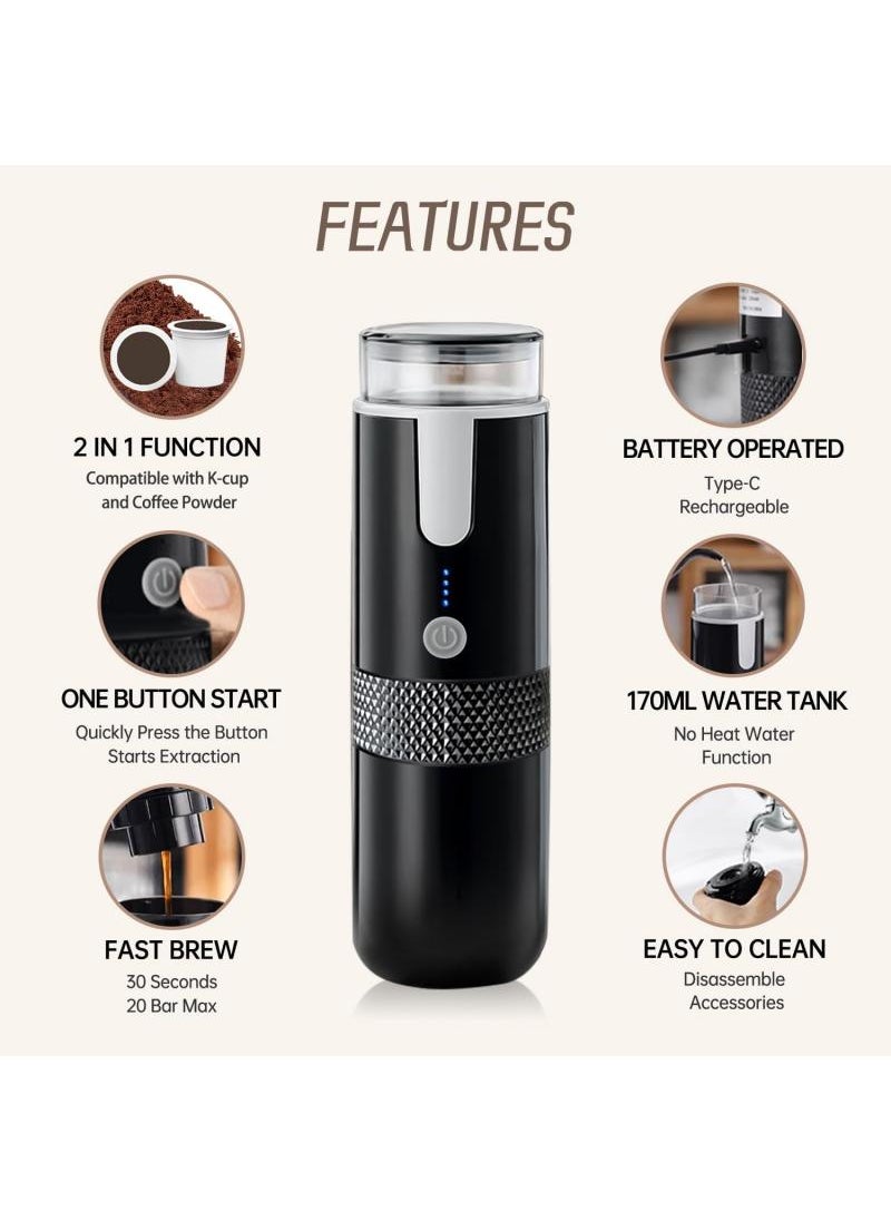 Portable Espresso Maker Electric Travel Coffee Machine Non-Heating Version Compatible With K Cup Capsules And Ground Coffee Compact Espresso Maker For Office Travel Camping And Outdoor Use