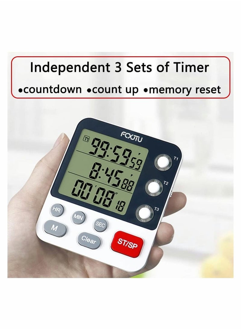 Digital Dual Kitchen Timer 3 Channels Count UP Down Stopwatch for Cooking Large LCD Display Adjustable Volume Alarm with Magnetic Back Stand Gourmet Enthusiast