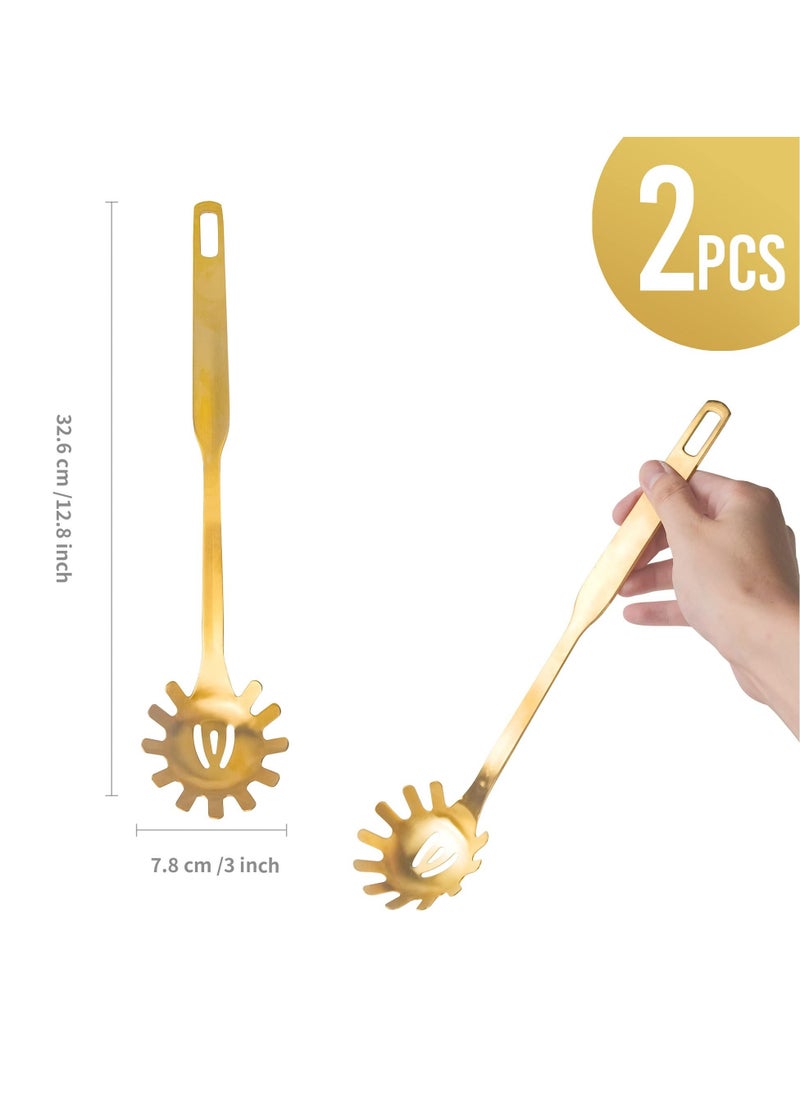 Gold Spaghetti Spoon, 2 PCS Stainless Steel Pasta Spoon with Titanium Gold Plating for Cooking, Pasta Fork, Noddle Fork, Dishwasher Safe, Easy to Clean, 12 Inch