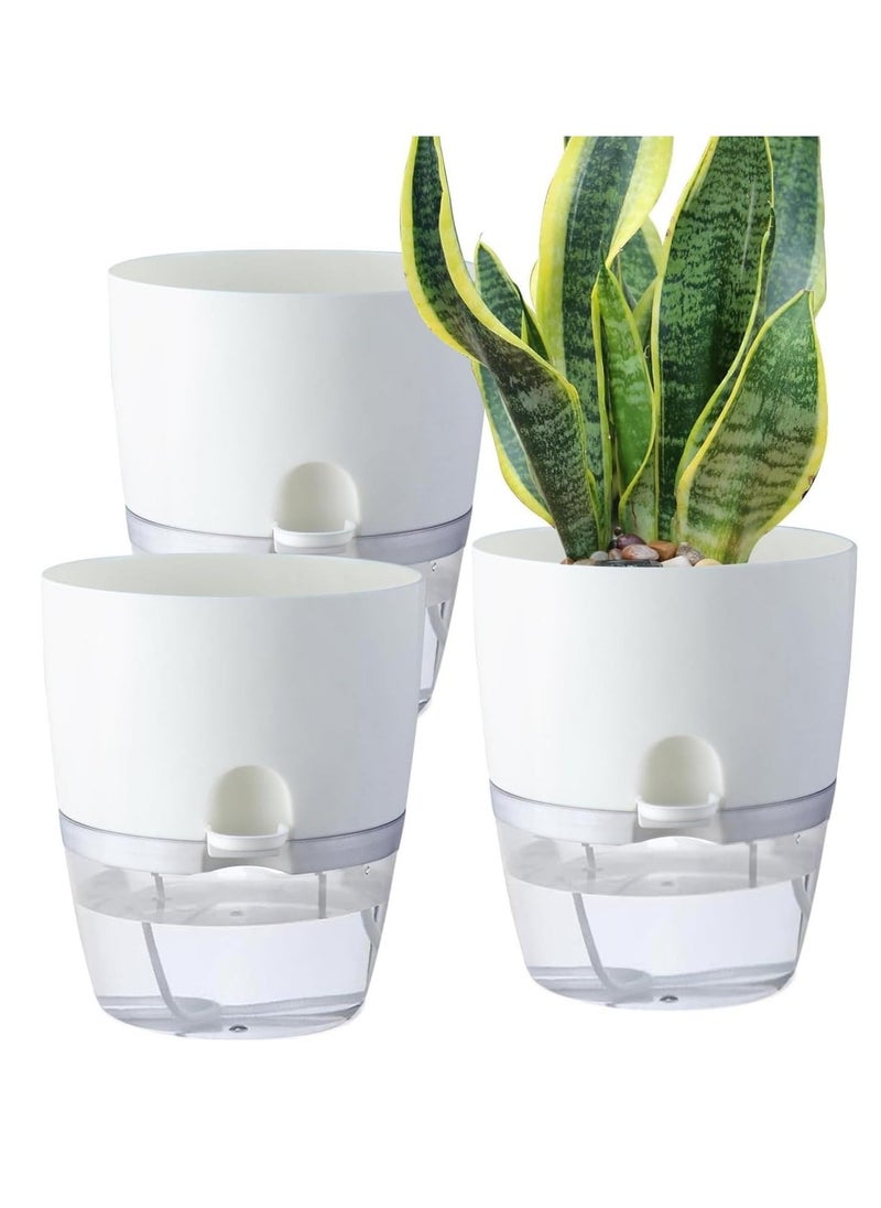 Self Watering Plant Pots, 6 inch Orchid Flower Pots White Modern Decorative Plastic Planters with Wick Rope Large Water Storage for All Indoor Plants (Set of 3)