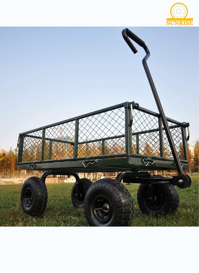 Trolley Cart Heavy-Duty Steel , 180KG Capacity, Steel Utility Industrial Wagon with Removable Sides and 23CM Pneumatic All Terrain Tires for Outdoors, Lawns, Yards, Farms