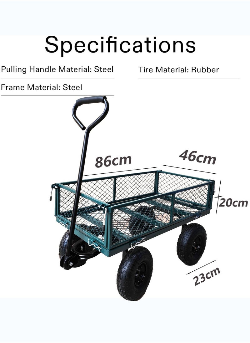 Trolley Cart Heavy-Duty Steel , 180KG Capacity, Steel Utility Industrial Wagon with Removable Sides and 23CM Pneumatic All Terrain Tires for Outdoors, Lawns, Yards, Farms