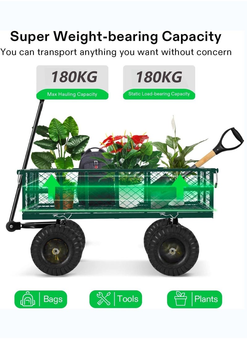 Trolley Cart Heavy-Duty Steel , 180KG Capacity, Steel Utility Industrial Wagon with Removable Sides and 23CM Pneumatic All Terrain Tires for Outdoors, Lawns, Yards, Farms