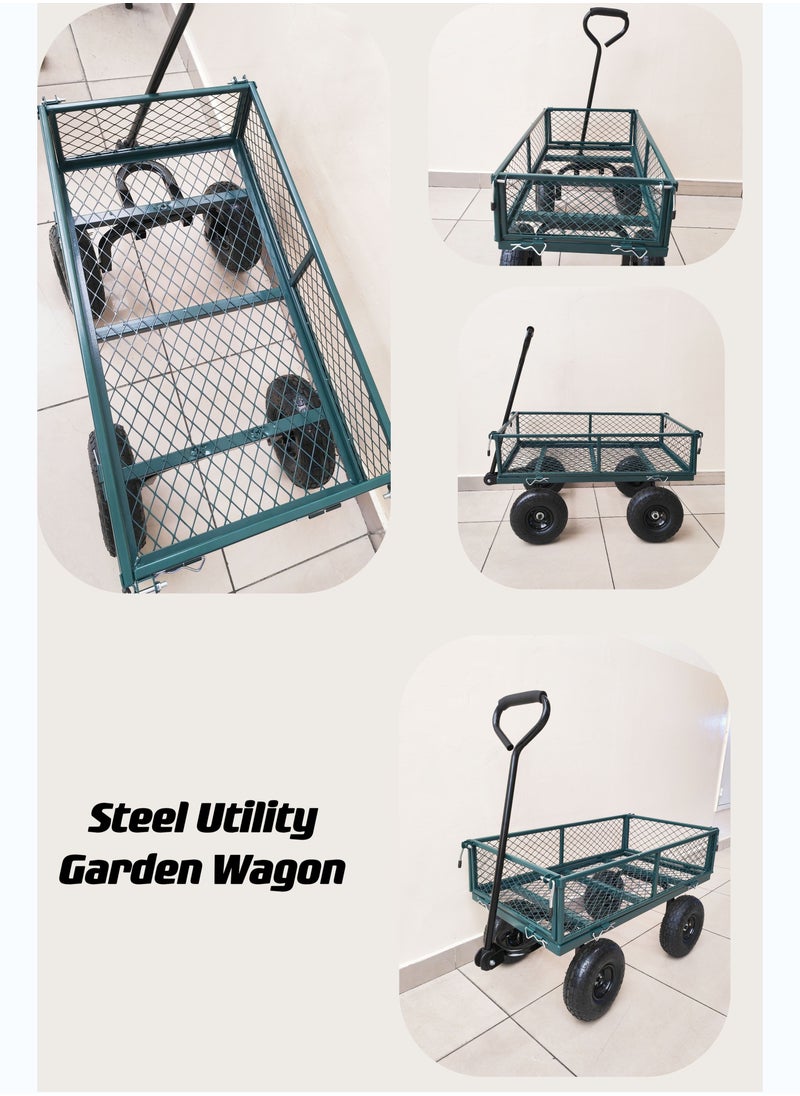 Trolley Cart Heavy-Duty Steel , 180KG Capacity, Steel Utility Industrial Wagon with Removable Sides and 23CM Pneumatic All Terrain Tires for Outdoors, Lawns, Yards, Farms