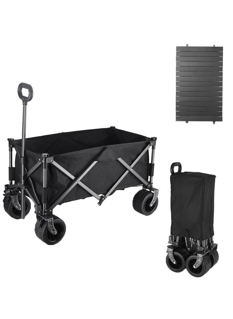 Collapsible Folding Wagon Cart Heavy Duty Foldable, Beach Wagon with Big Wheels &  Brakes for Sand, Utility Grocery Wagon with Side Pocket and Brakes for Camping Sports Outdoor Activities, Black