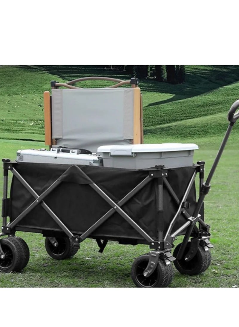 Collapsible Folding Wagon Cart Heavy Duty Foldable, Beach Wagon with Big Wheels &  Brakes for Sand, Utility Grocery Wagon with Side Pocket and Brakes for Camping Sports Outdoor Activities, Black