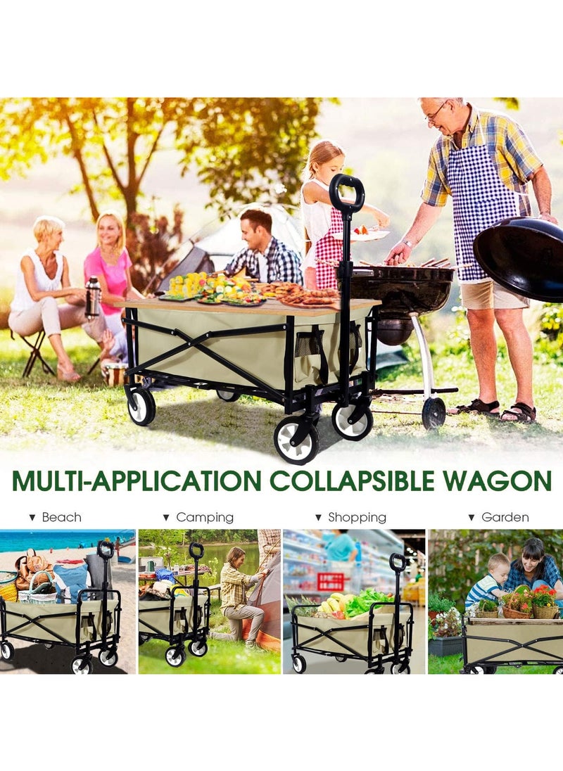 Folding Wagon, Foldable Camping Cart, Heavy Duty Utility Beach Wagon Cart, Large Capacity Foldable Grocery Wagon for Garden Outdoor, Sports, Camping, Picnic (Black, 60kg Max Load)