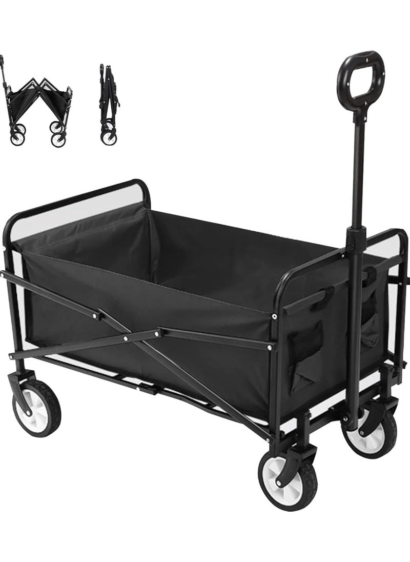 Folding Wagon, Foldable Camping Cart, Heavy Duty Utility Beach Wagon Cart, Large Capacity Foldable Grocery Wagon for Garden Outdoor, Sports, Camping, Picnic (Black, 60kg Max Load)