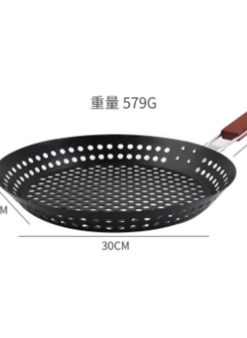 Non-stick Metal Grilling Skillet With Folding Wooden Handle And Holes