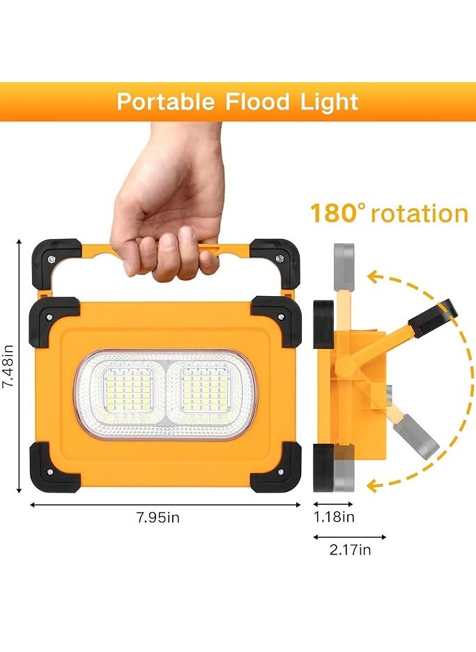 Rechargeable LED Floodlight,3-stage dimming for 10-72h Modes Portable Solar Work Light with USB, Waterproof Emergency Site Projector with Battery for Camping