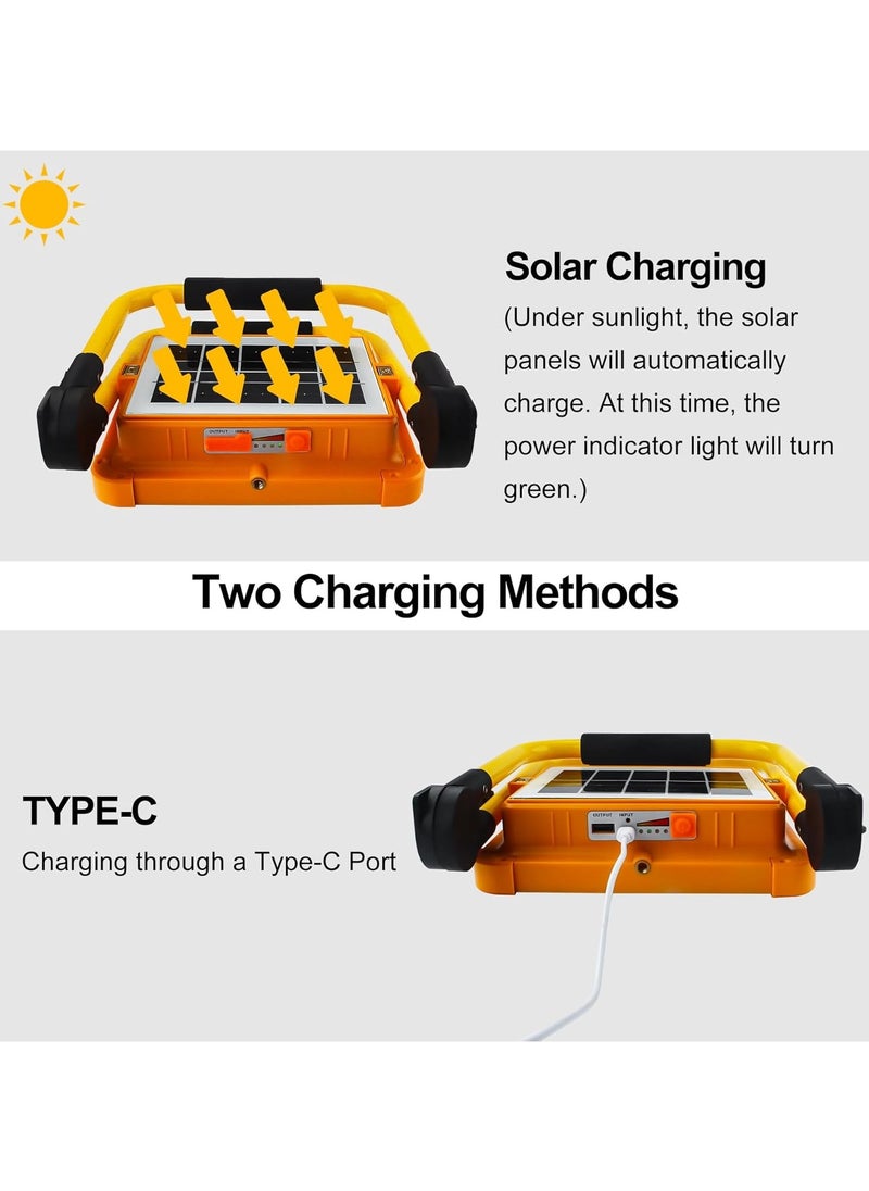 Rechargeable LED Lamp 6 Modes Solar Rechargeable LED Floodlight, Portable Site LED Projector with USB/Rechargeable Battery/Solar Panel for Repair, Camping, Emergency