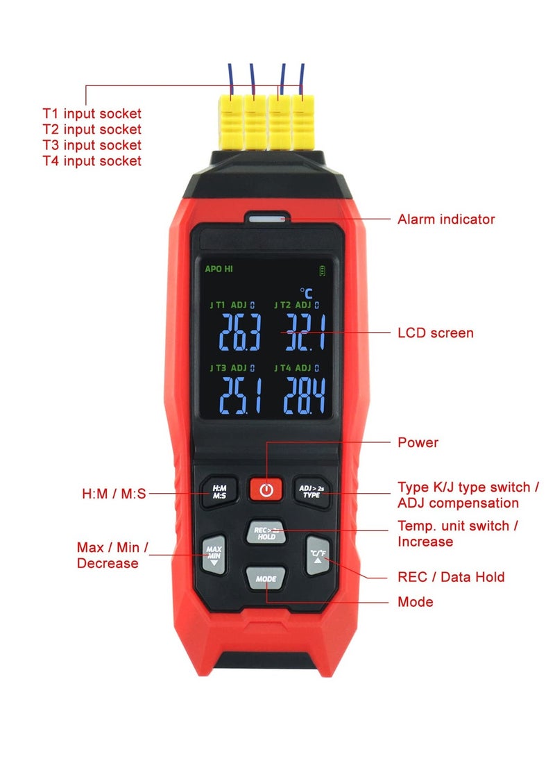 Thermocouple Thermometer Data Logger 4 Channels Digital K Type Thermometer with 5000 Groups Programmable Temperature Recording -328~2501℉ Measuring Range, Audible & Visible Alarm ADJ Compensation