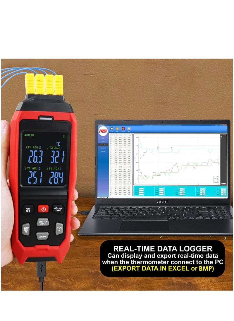 Thermocouple Thermometer Data Logger 4 Channels Digital K Type Thermometer with 5000 Groups Programmable Temperature Recording -328~2501℉ Measuring Range, Audible & Visible Alarm ADJ Compensation