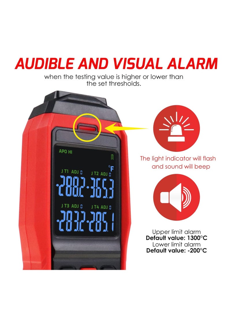 Thermocouple Thermometer Data Logger 4 Channels Digital K Type Thermometer with 5000 Groups Programmable Temperature Recording -328~2501℉ Measuring Range, Audible & Visible Alarm ADJ Compensation