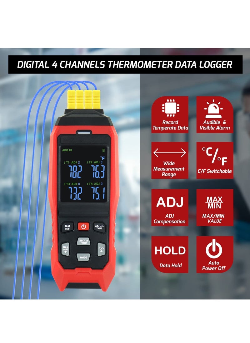 Thermocouple Thermometer Data Logger 4 Channels Digital K Type Thermometer with 5000 Groups Programmable Temperature Recording -328~2501℉ Measuring Range, Audible & Visible Alarm ADJ Compensation