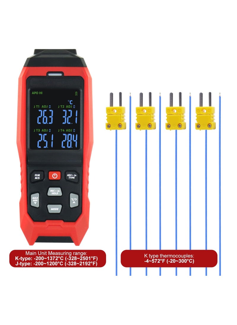 Thermocouple Thermometer Data Logger 4 Channels Digital K Type Thermometer with 5000 Groups Programmable Temperature Recording -328~2501℉ Measuring Range, Audible & Visible Alarm ADJ Compensation