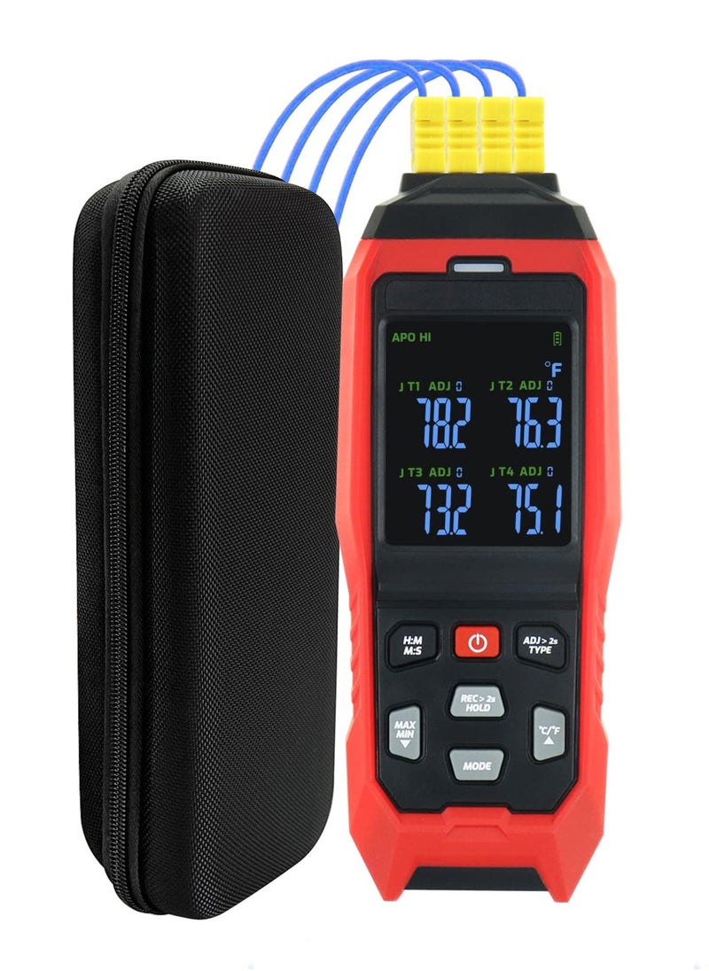 Thermocouple Thermometer Data Logger 4 Channels Digital K Type Thermometer with 5000 Groups Programmable Temperature Recording -328~2501℉ Measuring Range, Audible & Visible Alarm ADJ Compensation