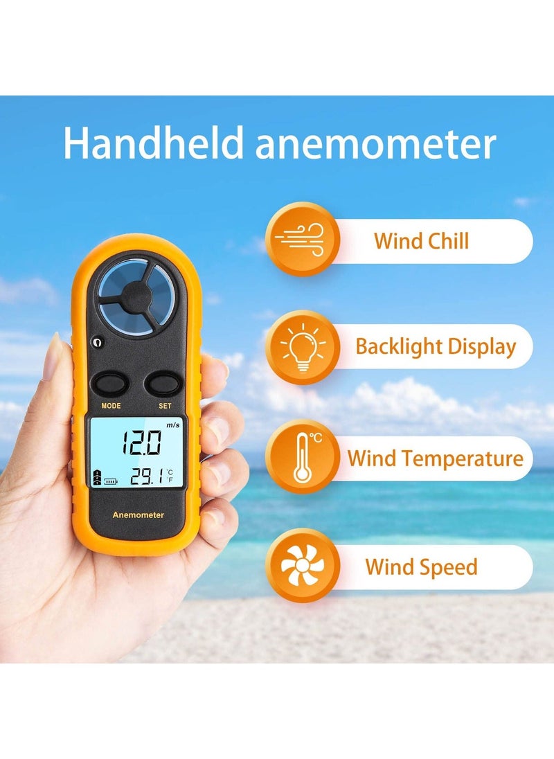 Handheld Anemometer, Digital Wind Speed Meter Air Flow Meter for Measuring Wind Speed Temperature and Wind Chill, Digital LCD Display, for Kite Flying, Meteorology, Fishing, Surfing
