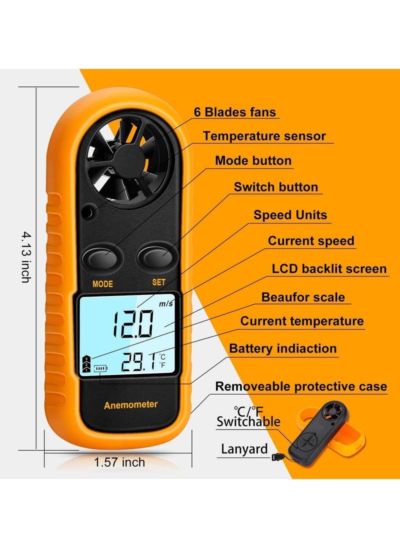 Handheld Anemometer, Digital Wind Speed Meter Air Flow Meter for Measuring Wind Speed Temperature and Wind Chill, Digital LCD Display, for Kite Flying, Meteorology, Fishing, Surfing