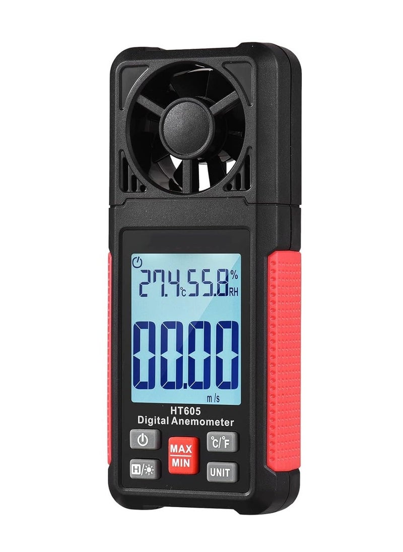 Handheld Anemometer, Digital Wind Gauges Wind Speed Meter Measures Wind Speed, Temperature, Humidity with Large Backlit LCD Display, MAX/MIN, Data Hold for Shooting Windsurfing Fishing Hunting HT605