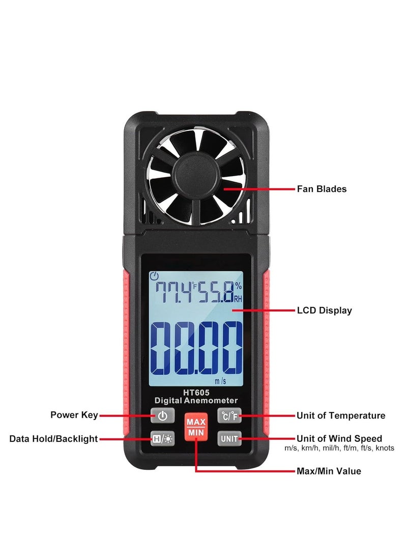 Handheld Anemometer, Digital Wind Gauges Wind Speed Meter Measures Wind Speed, Temperature, Humidity with Large Backlit LCD Display, MAX/MIN, Data Hold for Shooting Windsurfing Fishing Hunting HT605