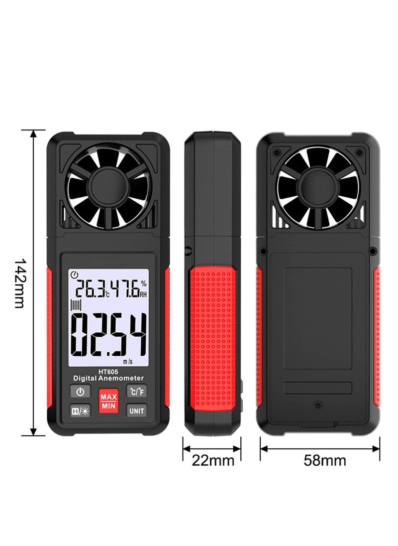 Handheld Anemometer, Digital Wind Gauges Wind Speed Meter Measures Wind Speed, Temperature, Humidity with Large Backlit LCD Display, MAX/MIN, Data Hold for Shooting Windsurfing Fishing Hunting HT605