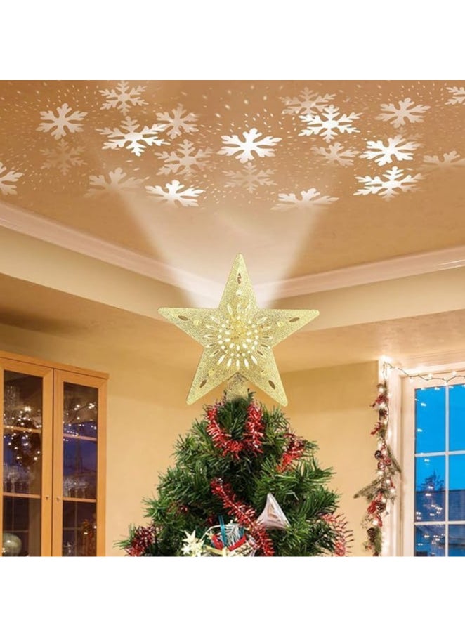 Christmas Tree Topper Lighted Star Tree Toppers with LED Rotating Snowflake Projector Lights, 3D Hollow Silver Star Snow Tree Topper for Christmas Tree Decorations (Gold)