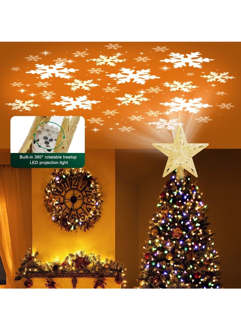 Christmas Tree Topper Lighted Star Tree Toppers with LED Rotating Snowflake Projector Lights, 3D Hollow Silver Star Snow Tree Topper for Christmas Tree Decorations (Gold)