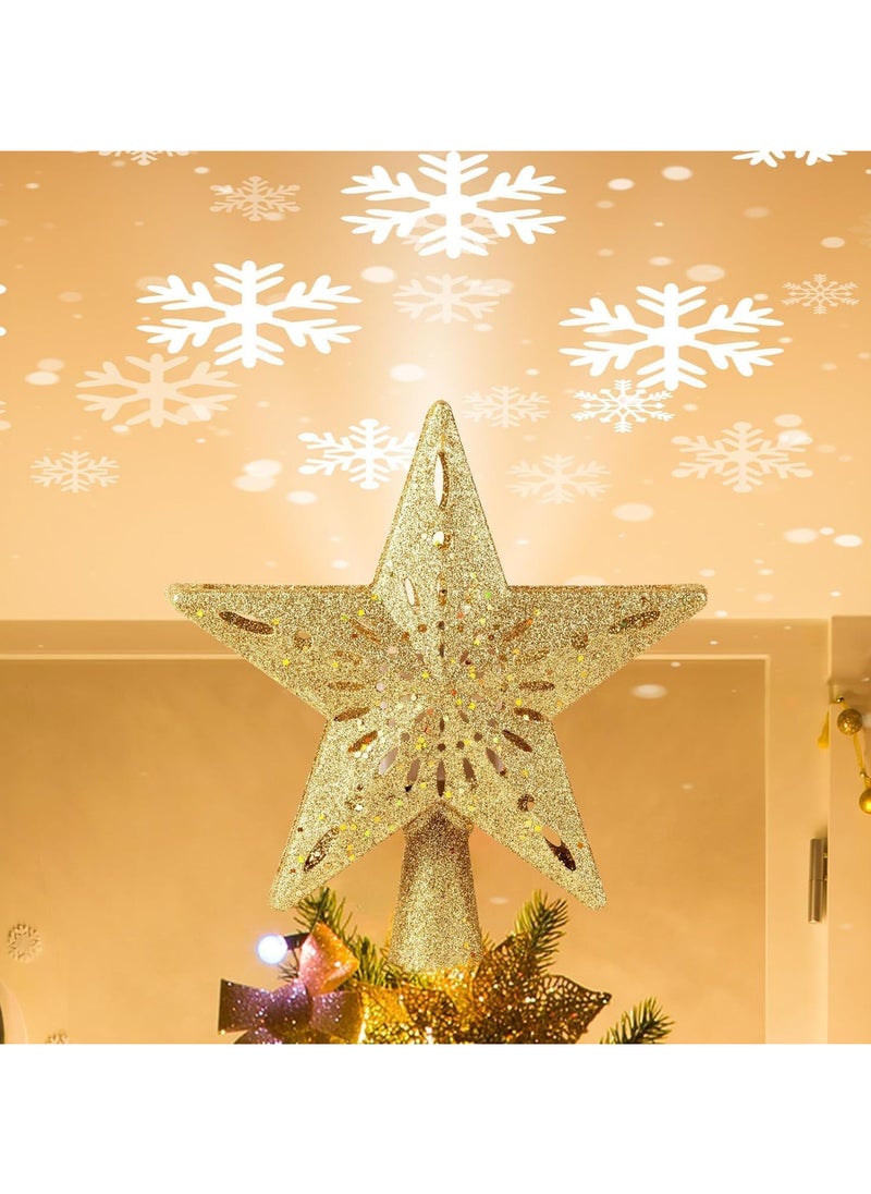 Christmas Tree Topper Lighted Star Tree Toppers with LED Rotating Snowflake Projector Lights, 3D Hollow Silver Star Snow Tree Topper for Christmas Tree Decorations (Gold)