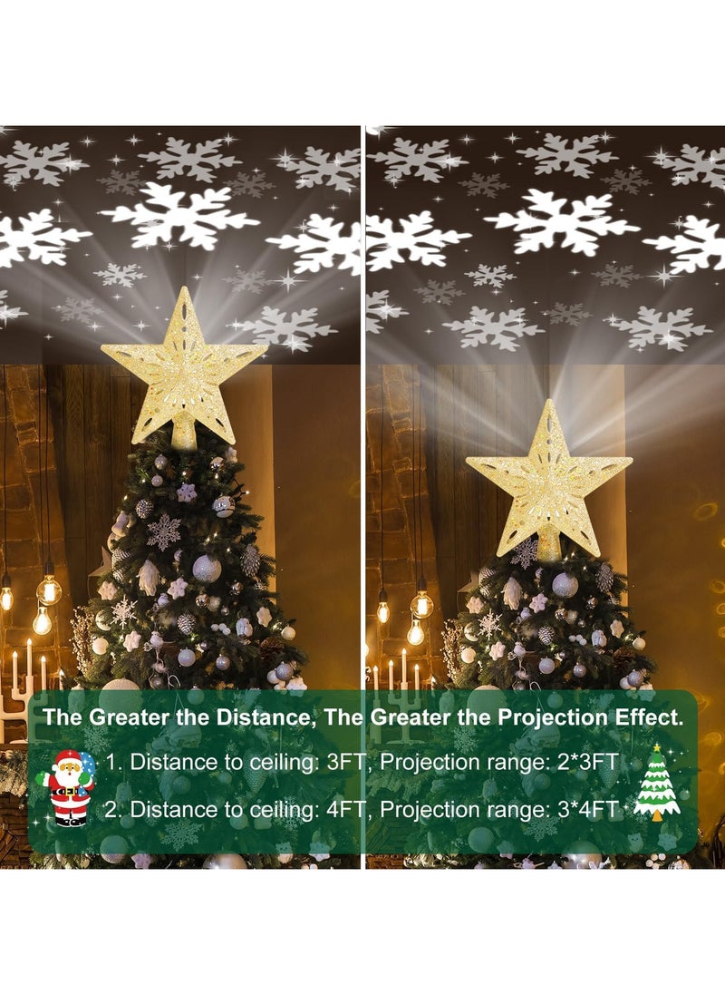 Christmas Tree Topper Lighted Star Tree Toppers with LED Rotating Snowflake Projector Lights, 3D Hollow Silver Star Snow Tree Topper for Christmas Tree Decorations (Gold)