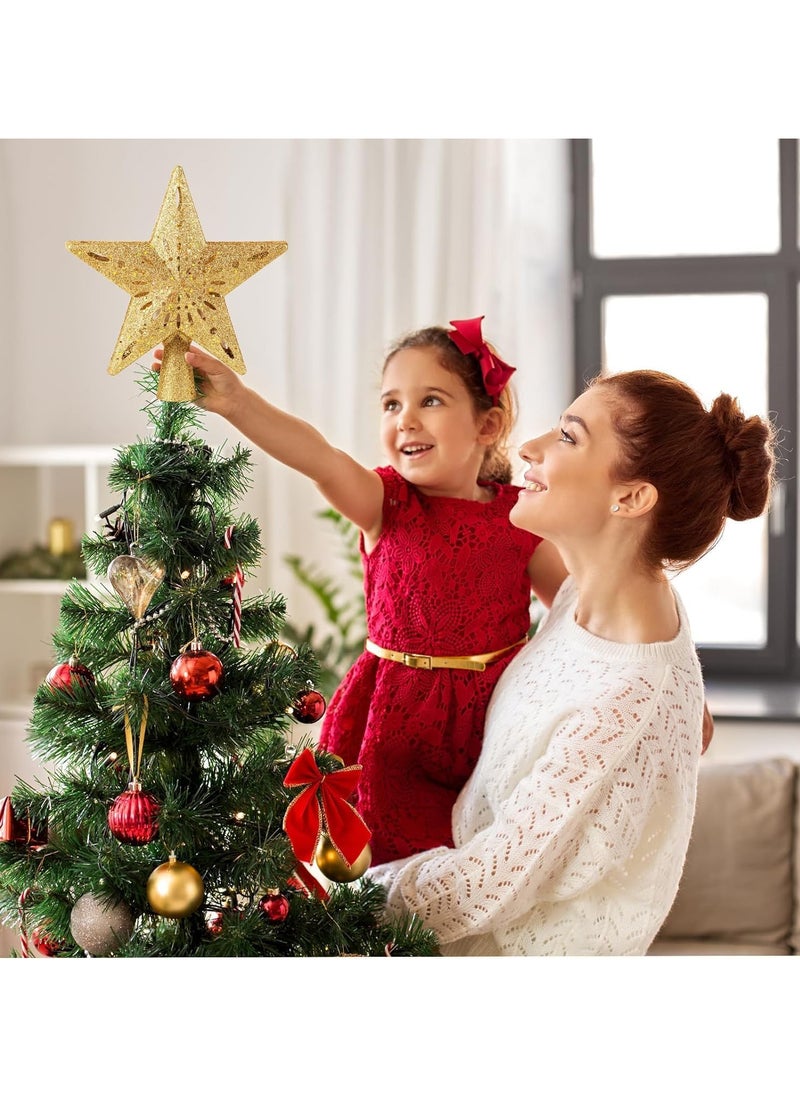 Christmas Tree Topper Lighted Star Tree Toppers with LED Rotating Snowflake Projector Lights, 3D Hollow Silver Star Snow Tree Topper for Christmas Tree Decorations (Gold)